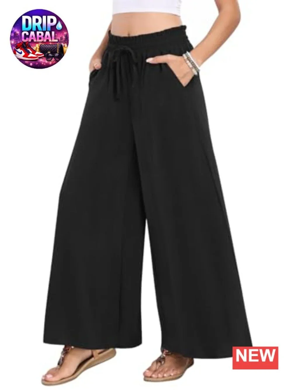Flowy Wide Leg Palazzo Pants with Pockets, High Rise Drawstring Boho Trousers